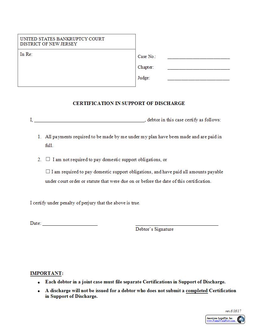 Certification In Support of Discharge [Domestic Support] {NJB CSD} | Pdf Fpdf Doc Docx | New Jersey